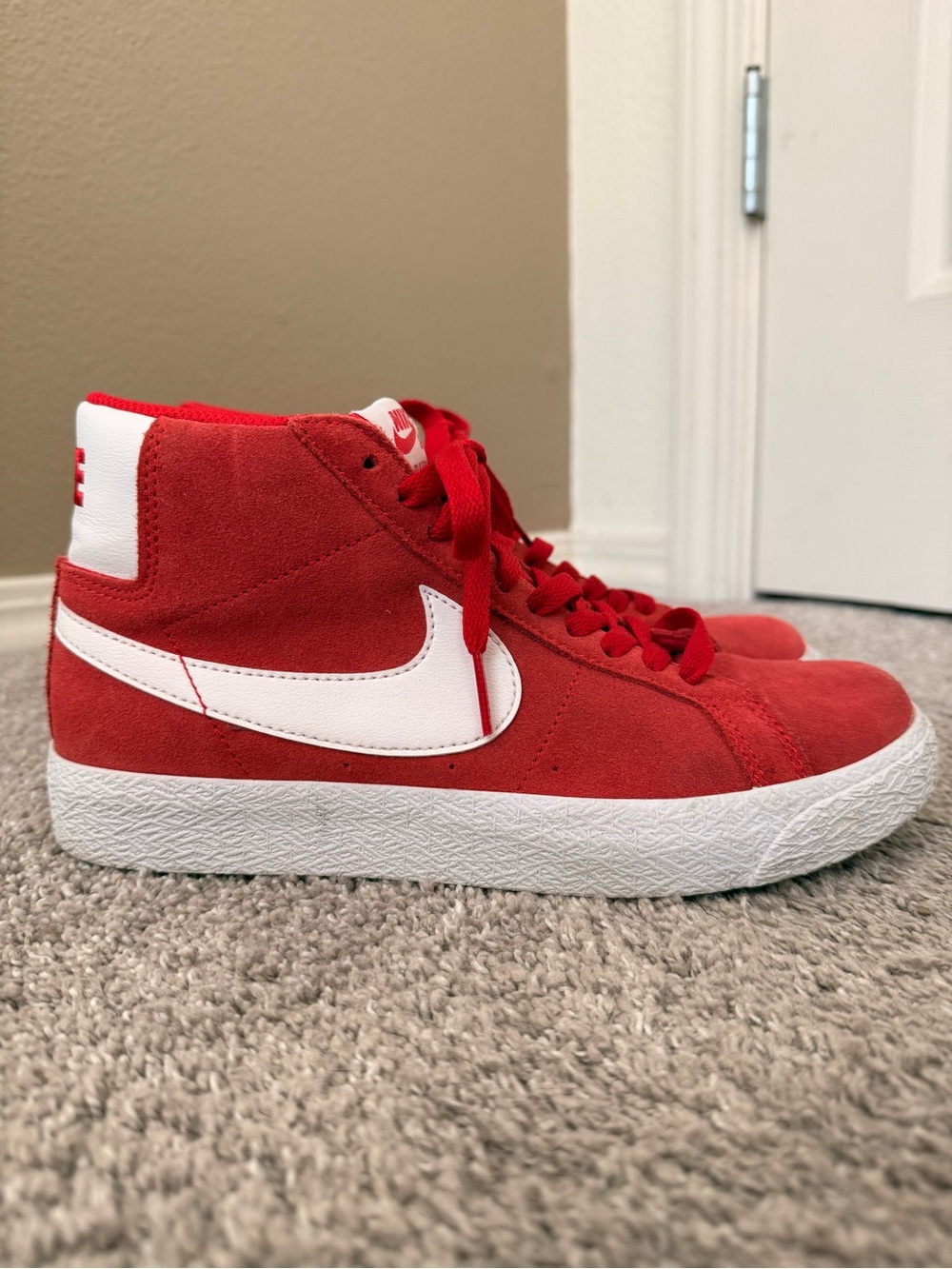 Nike Red Suede Mid-Top Sneakers with White Swoosh